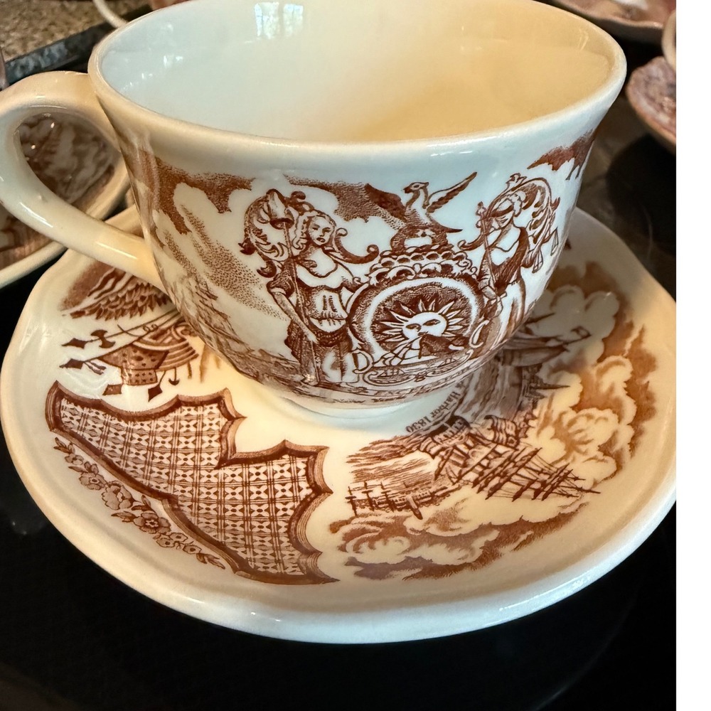 Alfred Meakin Fair Winds Brown Transferware Tea Cup Saucer Sailors Farewell 1830